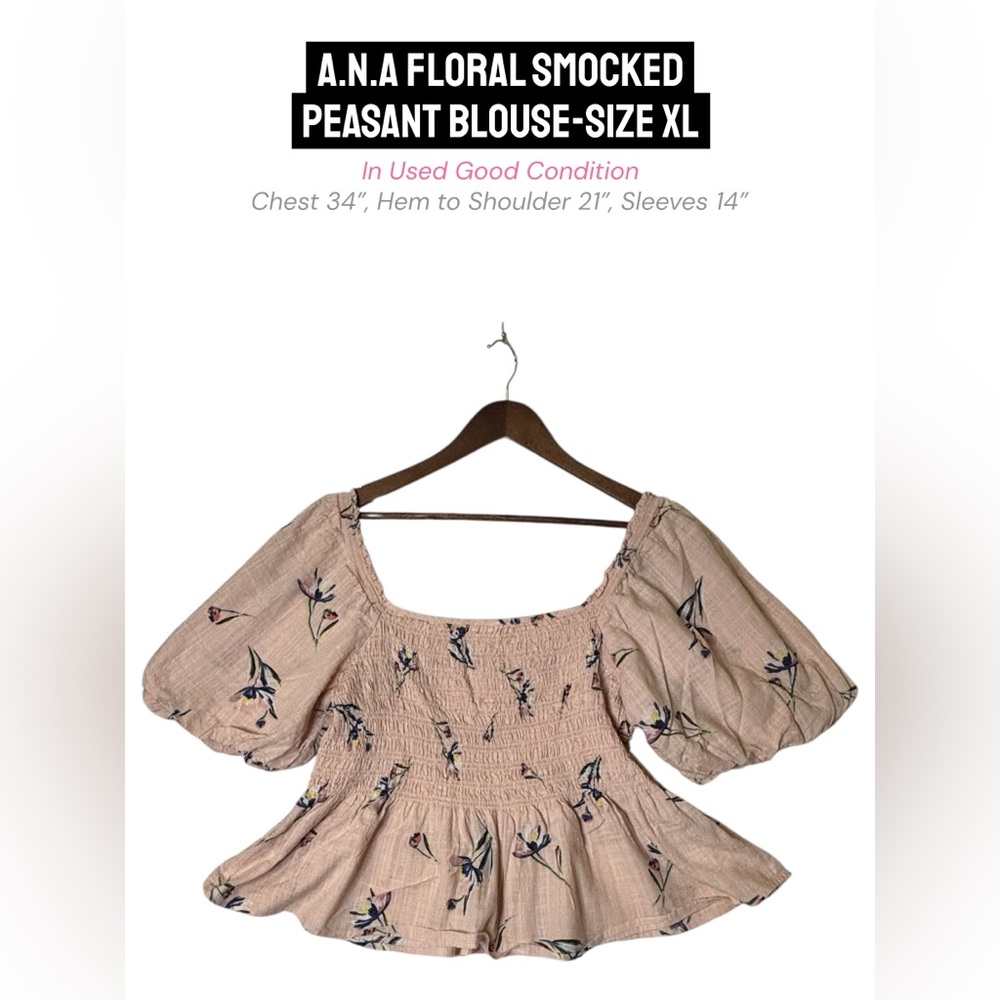 A.N.A Floral Peasant Blouse | Smocked Bodice | Puff Sleeve | XL